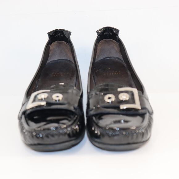 Stuart Weitzman Black Patent Moc Toe Flats | Size 9N | Buckle Detail - Picture 3 of 6